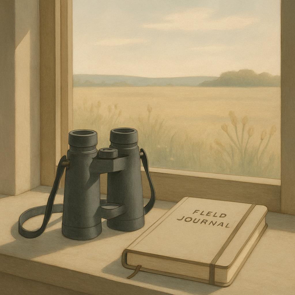 A pair of binoculars and a journal sit on a windowsill overlooking a vast wheat field beneath an azure sky.