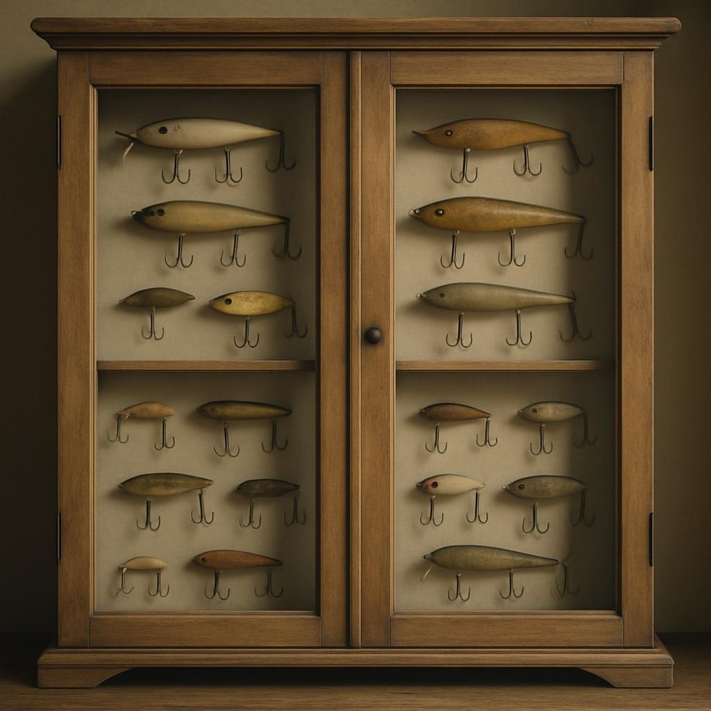 A wooden display case with glass doors and a light brown finish, containing fishing lures of various colors and shapes.